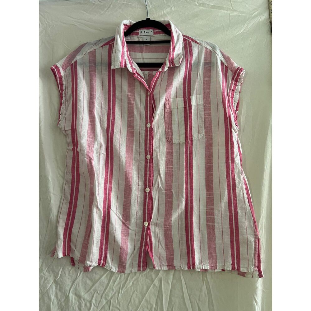 Dash Women L Pink White Striped  Cotton Button Front Sleeveless Collared Shirt